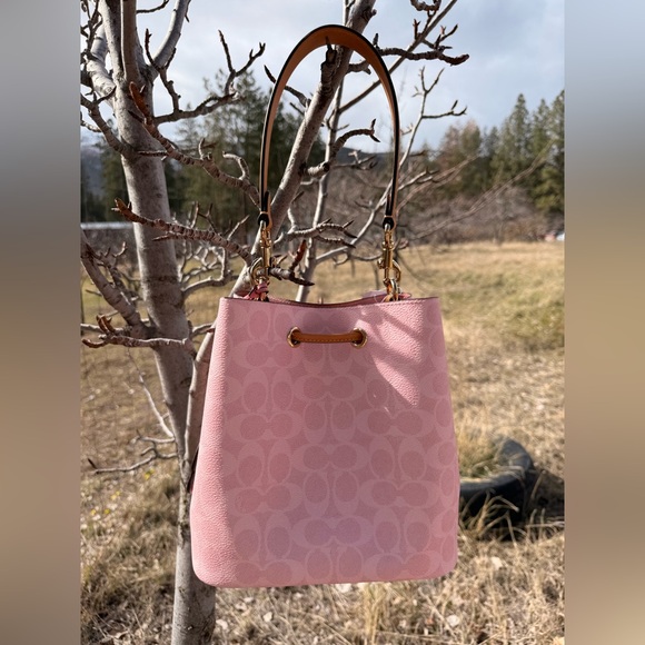 Coach Powder Pink Rowan Bucket Bag In Signature Canvas With Charms - Picture 6 of 7